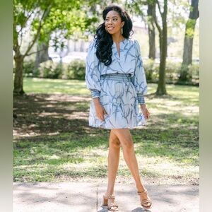 Emily McCarthy Penelope smocked waist dress in blue pheasant party print